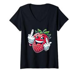 Damen Lustige Erdbeere Frucht Mittelfinger Meme T-Shirt mit V-Ausschnitt von Dustweardesign - Witziges und Niedliche Memes