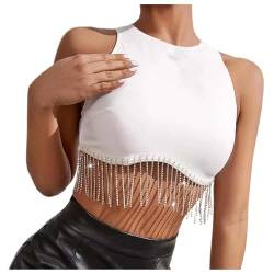 Dwevkeful Damen Sexy Ärmellos Crop Top Funkelnd Strass Fransen Racerback Y2K Tank Top Rundhals Strick Corset Cropped Tops mit Glitzer Quaste von Dwevkeful