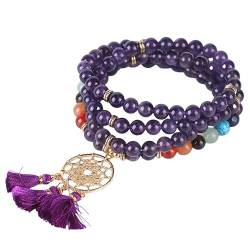 DyLyz Boho Mala Wickelchakra Armband hohles Blumen Charm Quastenarmband mehrschichtiges Amethyst Stein Armband natürlicher Edelstein Yoga Reiki Armreif Handgelenk für Frauen und Männer von DyLyz