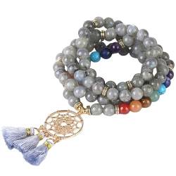 DyLyz Boho Mala Wickelchakra Armband hohles Blumen Charm Quastenarmband mehrschichtiges Spektrolith Stein Armband natürlicher Edelstein Yoga Reiki Armreif für Damen und Herren von DyLyz