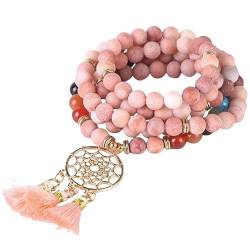 DyLyz Boho Mala Wickelchakra Armband hohles Blumen Charm Quastenarmband mehrschichtiges rosa Aventurin Stein Armband natürlicher Edelstein Yoga Reiki Armreif für Damen und Herren von DyLyz