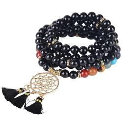 DyLyz Boho Mala Wickelchakra Armband hohles Blumen Charm Quastenarmband mehrschichtiges schwarzes Onyx Stein Armband natürlicher Edelstein Yoga Reiki Armreif für Damen und Herren von DyLyz