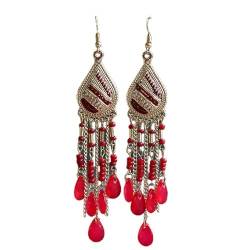 DyLyz Damen Ohrringe im Boho Stil Wassertropfen Design ethnische rote Perlen mehrlagige Quasten Ohrringe Retro Kristall Ohrhänger Schmuck für Hochzeit Urlaub Party von DyLyz