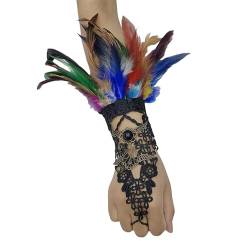 DyLyz Fingerlose Handschuhe mit Federn Gothic Manschette Spitze bunt Lolita ausgehöhlt florales Häkelmuster Fingerhandschuhe zum Schnüren Handgelenkmanschetten Ärmel für Halloween Cosplay M von DyLyz