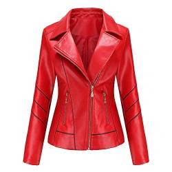 E-girl Damen Rot Lederjacke Schlank Kurz Kunstleder Revers Jacket Reißverschluss Motorrad Jacke für Frühling und Herbst,4XL,C256N von E-girl