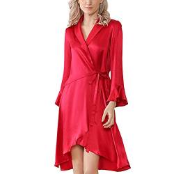 E-girl Damen Seide Nachtwäsche Nachthemd 100% Seide Bademantel sexy Seidenkleid Langarm S5666,Rot,M von E-girl
