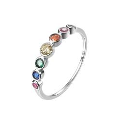 E Jewelry Rainbow Anniversary Eternity Ring für Frauen, Trauringe, Zirkonia 925er Sterling Silber Ring, Rhodinierter Damen Regenbogenring 54 (17,3) von E