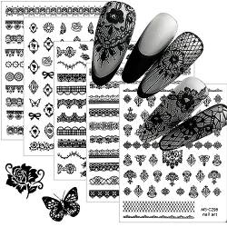 EBANKU 9 Blatt Nagelsticker Selbstklebend, Spitze Schwarz Nagelkunst Aufkleber Blumen Schmetterling Nagelaufkleber für Mädchen Frauen Nageldesign DIY Dekoration Hochzeitsfeier von EBANKU