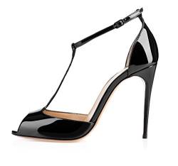 EDEFS Damen Sandalen High Heels 10cm Stiletto mit Riemchen T-Spangen Peep Toe Sommer Schuhe Schwarz Größe EU45 von EDEFS