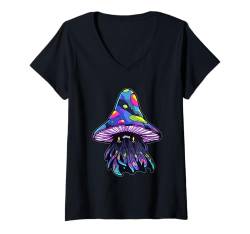 Damen Electronic Music Rave Mushroom Wizard Art EDM Tekk T-Shirt mit V-Ausschnitt von EDM DJ Festival Outfit für Männer und Frauen