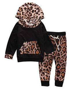 EDOTON Baby Mädchen Outfit 2 Stücke Set Gestreifte Blumen Hoodies mit Tasche Top + Lange Hosen Sweatshirt Outfit Kleidung (12-18 Monate, Leopard) von EDOTON