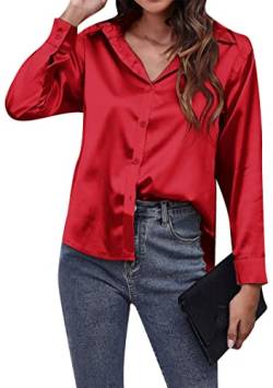 EFOFEI Damen Elegantes V-Ausschnitt Seidenhemd Frühling Satin Seidenhemd Satin Einfarbig Shirt Bluse Rot 3XL von EFOFEI