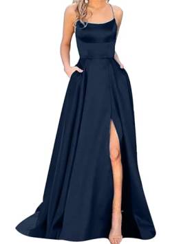 EFOFEI Damen Empire Taille Seitenschlitz Abendkleider Satin Seide Hohe Taille Langes Kleid Elegant Maxi Party Ballkleider Marineblau S von EFOFEI