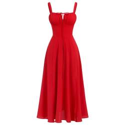 EFOGEP Damen Korsett Midikleid Blumen Frühling Sommer Boho Kleid Ärmellos Spaghettiträger Fließend Schlitz Lace Up Schaukel Kleid Casual Urlaub Sonnenkleid Hochzeit Partei Strandkleid Rot S von EFOGEP