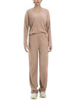 EFOGEP Damen Pyjama Sets 2PCS: Langarm Rippenstrick Schlafanzug Oberteil Loungewear Pullover Weite Yoga Hosen Pjs Baumwolle Sleepwear Homewear Herbst Winter Warme Kleidung mit Taschen Khaki XXL von EFOGEP