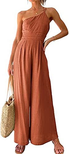 EGSDMNVSQ Damen Overall Schulterfrei Breites Bein Jumpsuit Sommer Einteiler Strampler Elegant Träger One Shoulder Jumpsuits Hosenanzug Ärmellos Playsuits von EGSDMNVSQ