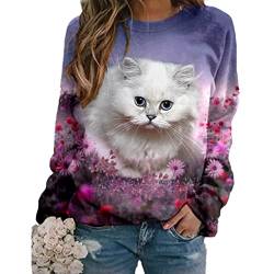 EGSDMNVSQ Katze Langarmshirt Süße Tier Drucken 3D Druck Katzen-Muster Gestreift Rundhals Lange Pulli Herbst Kapuzenpullover Tshirt Herbst Shirts Hemd Rundhals Pullover von EGSDMNVSQ