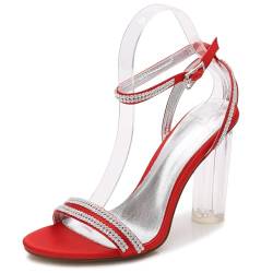 EICOFF Damen Blockabsatz Offene Zehe Knöchelriemen Brautschuhe Strass Satin High Heels Hochzeit Abendkleid Sandalen,Rot,41 EU von EICOFF