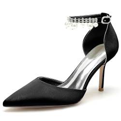 EICOFF Damen Spitze Zehe Höhe Ferse Kleiderpumps Perle Strass Stiletto High Heel Abend Hochzeit Schuhe Knöchelriemen Braut Gericht Schuhe,Schwarz,37 EU von EICOFF