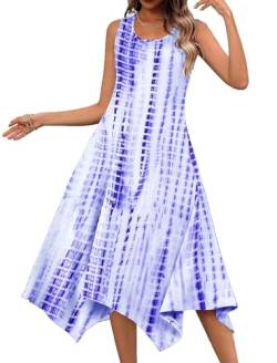 EIRUKON Damen Sommerkleid Knielang Ärmellos Rundhals Strandkleid Blumen Minikleid Elegante Freizeitkleid mit Taschen,Blauer Streifen,XXL von EIRUKON