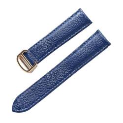 EIWOFER Litschi-Maserung-Lederarmband for Herren und Damen, weiches Leder, Ersatzarmband for Tank Solo, Faltschließe, Uhrenarmband, Zubehör(Blue gold buckle,13mm) von EIWOFER