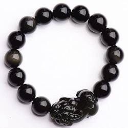 Raumdekoration Feng Shui Armband Reichtum Armband Natürlicher Edelstein Armband Schwarzer Obsidian Armband 10/12/14/16mm Kristall Armband for Frauen Männer Piyao Abwehr Böse Geister Amulett,Gold,10mm von EKFBQBGW