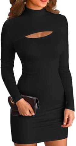 ELFIN Damen Bodycon Kleid Gerippt Langarm Minikleid Cut Outs Stehkragen Party Club Mini Kleid Einfarbig (L, Schwarz) von ELFIN