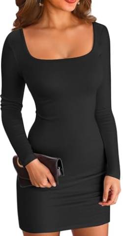 ELFIN Damen Bodycon Kleid Gerippt Langarm Minikleid Quadratischer Hals Kurzes Party Club Kleid Herbst Pullover Kleider Freizeitkleid (L, Schwarz) von ELFIN