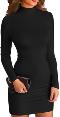 ELFIN Damen Bodycon Kleid Rollkragen Langarm Minikleid Geripptes Enges Basic Kleid Einfarbig Herbst Pullover Kleider Freizeitkleid (XL, Schwarz) von ELFIN