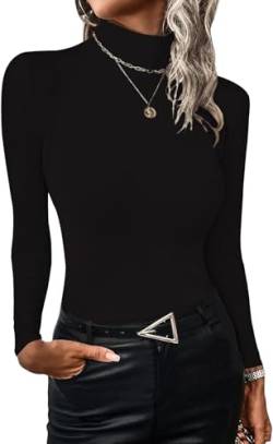 ELFIN Damen Langarmshirt Gerippt Stretch Pullover Rollkragen Elegant Langarm Oberteile Slim Fit Basic Shirt Hemd Tops (L, Schwarz) von ELFIN