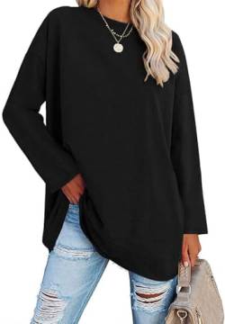 ELFIN Damen Langarmshirt Rundhals Basic T-Shirt Langarm Oberteile Oversize Longshirt Tops Casual Bluse Lokcere Tee Shirts (S, Schwarz) von ELFIN