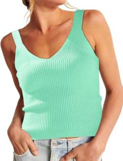 ELFIN Damen Strick Tank Top Sommer Sexy Crop Top Kurz Ärmellose Strickoberteil V Ausschnitt Slim Fit Basic Shirt Knit Tops (L, Süßes Grün) von ELFIN