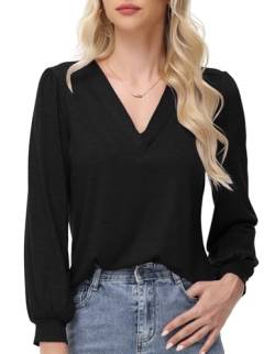 ELFIN Langarmshirt Damen Bluse V Ausschnitt Laternenärmel Langarm T-Shirts Lässiges Oberteile Einfarbig Casual Tunika Tops (S, Schwarz) von ELFIN