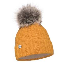 ELIMELI Damen Winter Mütze warme Strickmütze Wintermütze mit Bommel Slouch Strick Beanie Damen für Winter Bommelmütze Hergestellt in EU Farbenauswahl 16517 (Senfgelb) von ELIMELI