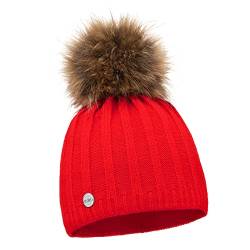 ELIMELI Mütze Damen Winter warme Strickmütze Wollmütze mit Kaschmir Wintermütze mit Kunstfell Bommel Slouch Strick Beanie Damen für Winter Bommelmütze Hergestellt in EU Farbenauswahl (Rot) von ELIMELI