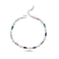 14k Gold plattiert 925 Sterling Silber Bunte Bar Einstellung Regenbogen Sparkling Multicolor Saphir Edelstein Tennis Armband, 16+4 cm, Sterling-Silber, Zirkonia von ELVNY