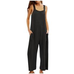 EMATOP Damen Sommer Ärmellos Jumpsuit Lang Elegant Overalls Casual Einfarbig Trägerhose Locker Baumwolle Playsuit mit Taschen Hosenanzug Romper Leicht Weites Bein Sommerhose Einteiler Latzhose von EMATOP