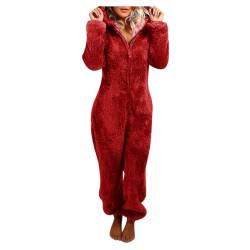 EMATOP Jumpsuit Damen Kuschelig Einteiler Overall Lange Warm Schlafanzug Teddy Fleece Schlafoverall Winter Flauschig Onesie Einfarbig Plüsch Hausanzug mit Kapuze Pyjama Anzug Ganzkörperanzug von EMATOP