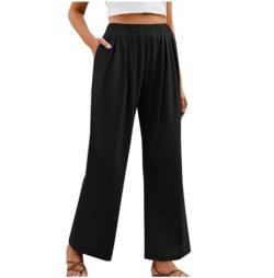 Lange Sommerhose Damen Elegant Weite Hose Casual Loose Fit Stoffhose Hohe Taille Bequeme Freizeithose mit Taschen Boho Strandhose Baumwolle Einfarbig Jogginghose Sommer Leichte Yogahose von EMATOP