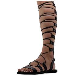 38 Schwarz Emmanuela Knieshohe Ledersandalen im antiken griechischen Stil, handgefertigte flache Gladiator sandalen mit offenen Zehen, hochwertige Sommerschuhe zum Binden für Frauen von EMMANUELA handcrafted for you