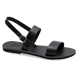 39 Schwarz Emmanuela griechische handgefertigte flache Ledersandalen, hochwertige Sommerschuhe für Damen mit verstellbarem Schnallenriemen, Riemchen Slingback Sandalen mit offenen Zehen von EMMANUELA handcrafted for you