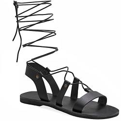 41 Schwarz Emmanuela Knieshohe Ledersandalen im antiken griechischen Stil, handgefertigte flache Gladiator sandalen mit offenen Zehen, hochwertige Sommerschuhe zum Binden für Frauen von EMMANUELA handcrafted for you