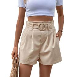 EMOTTOS Damen Bermuda Shorts Sommer, Hohe Taille Kurze Hosen mit Taschen mit Abnehmbarer Gürtel, Causal High Waist Bequeme Strandshorts Beinhose für Damen Frauen, Apricot XL von EMOTTOS