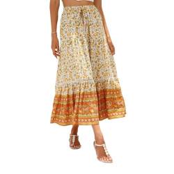 EMOTTOS Damen Maxirock Langer Rock, Boho Plisseerock Maxi Skirt Hohe Taille Geblümter Faltenrock Vorderer Schlitz, Elastische Hippie Rock Lang Rüschensaum A-Linie Sommerrock mit Kordelzug, Orange M von EMOTTOS