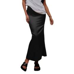 EMOTTOS Damen Satin Rock Lang, Wickel-Hüfte High Waist Langer Maxi Rock, Hohe Qualität lässig Reißverschluss A Linien Fließender Damen Skirt, S, Schwarz von EMOTTOS