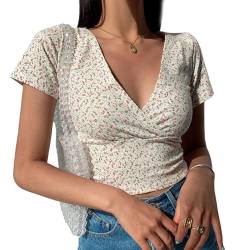 EMOTTOS Damen Sexy Floral Tops, Y2K Slim Fit V-Ausschnitt Cross Wrap Shirts, Weiches Crop Top mit tiefem V-Ausschnitt Shirt, Mode Skinny Y2K Tee Shirt(Black/White,S/M/L) von EMOTTOS