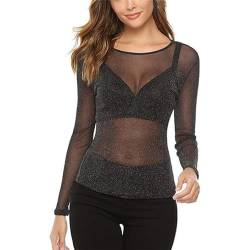 EMOTTOS Damen Sexy Spitze Tops, Glänzende Slim Fit Tüll Mesh See-Through Long Sleeve, Rundhalsausschnitt See-Through Shirts für Frauen, Female Sexy Leotard Silberfaden Clubwear(C2-Black) von EMOTTOS