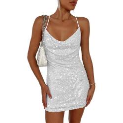 EMOTTOS Pailletten Glitzer Minikleid, Sexy Frauen Rückenfreies Neckholder Kleid mit Futter, Soft Swing Saum Bodycon Kleid, Glänzende Tube Club Cocktail Party Pencil Kleider(Schwarz/Silber, S-XL) von EMOTTOS