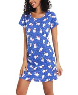 ENJOYNIGHT Nachthemd Damen Kurzarm Baumwolle Schlafshirt Sommer Sleepshirt Kurz Nachtwäsche Nachtkleid Weiche Schlafhemd (Large,Blauer Bär) von ENJOYNIGHT