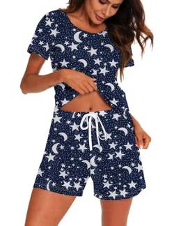 ENJOYNIGHT Schlafanzug Damen Kurz Pyjama Set Baumwolle Kurzarm Top und Kurze Hose Zweiteiliger Nachtwäsche Sommer Hausanzug Loungewear (Large,Dunkelblaue Sterne) von ENJOYNIGHT
